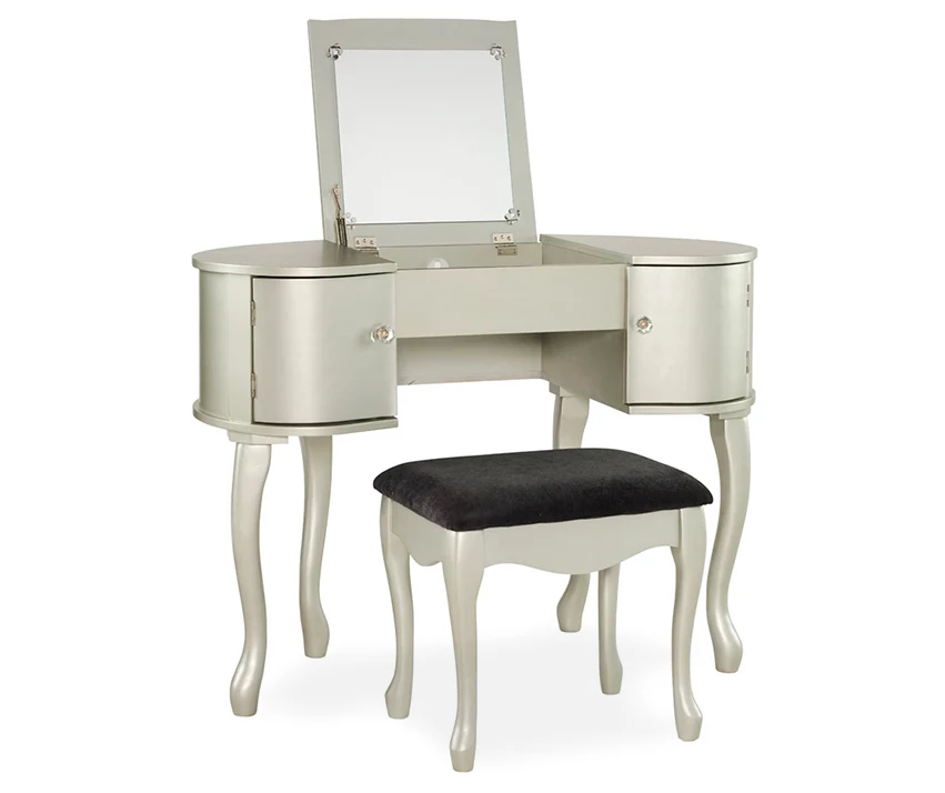 Kelly Silver Rounded Mirror Vanity Set With Stool 3 Kelly Silver Rounded Mirror Vanity Set With Stool