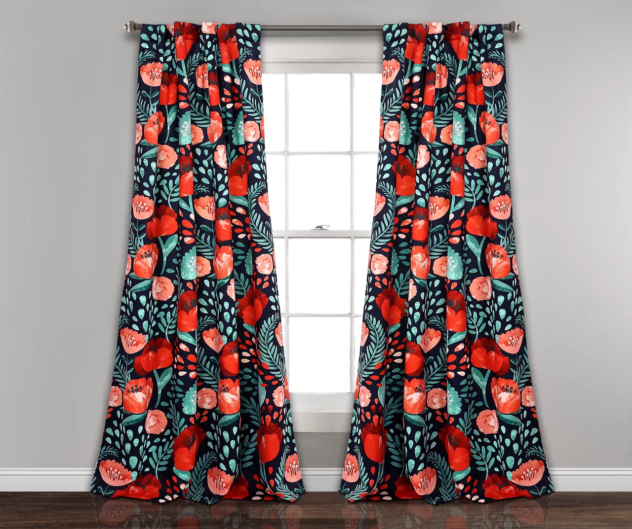 Poppy Garden Navy & Red Room-Darkening Back Tab Curtain Panel Pair, (95") 3 Poppy Garden Navy & Red Room-Darkening Back Tab Curtain Panel Pair, (95")