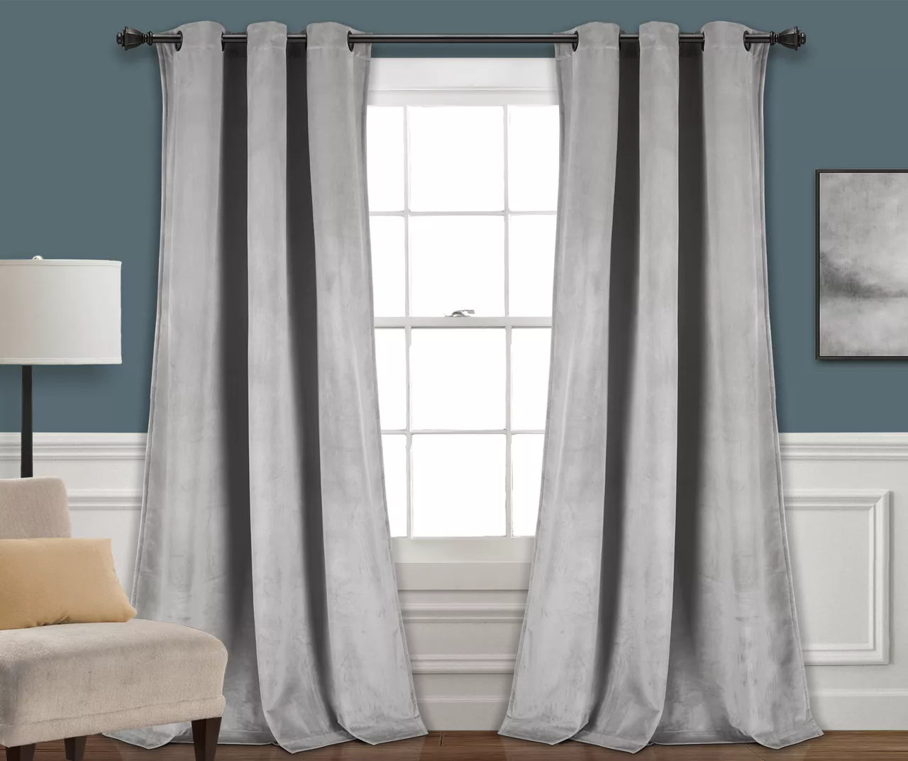 Prima Velvet Light Gray Room-Darkening Grommet Curtain Panel Pair, (84") 3 Prima Velvet Light Gray Room-Darkening Grommet Curtain Panel Pair, (84")