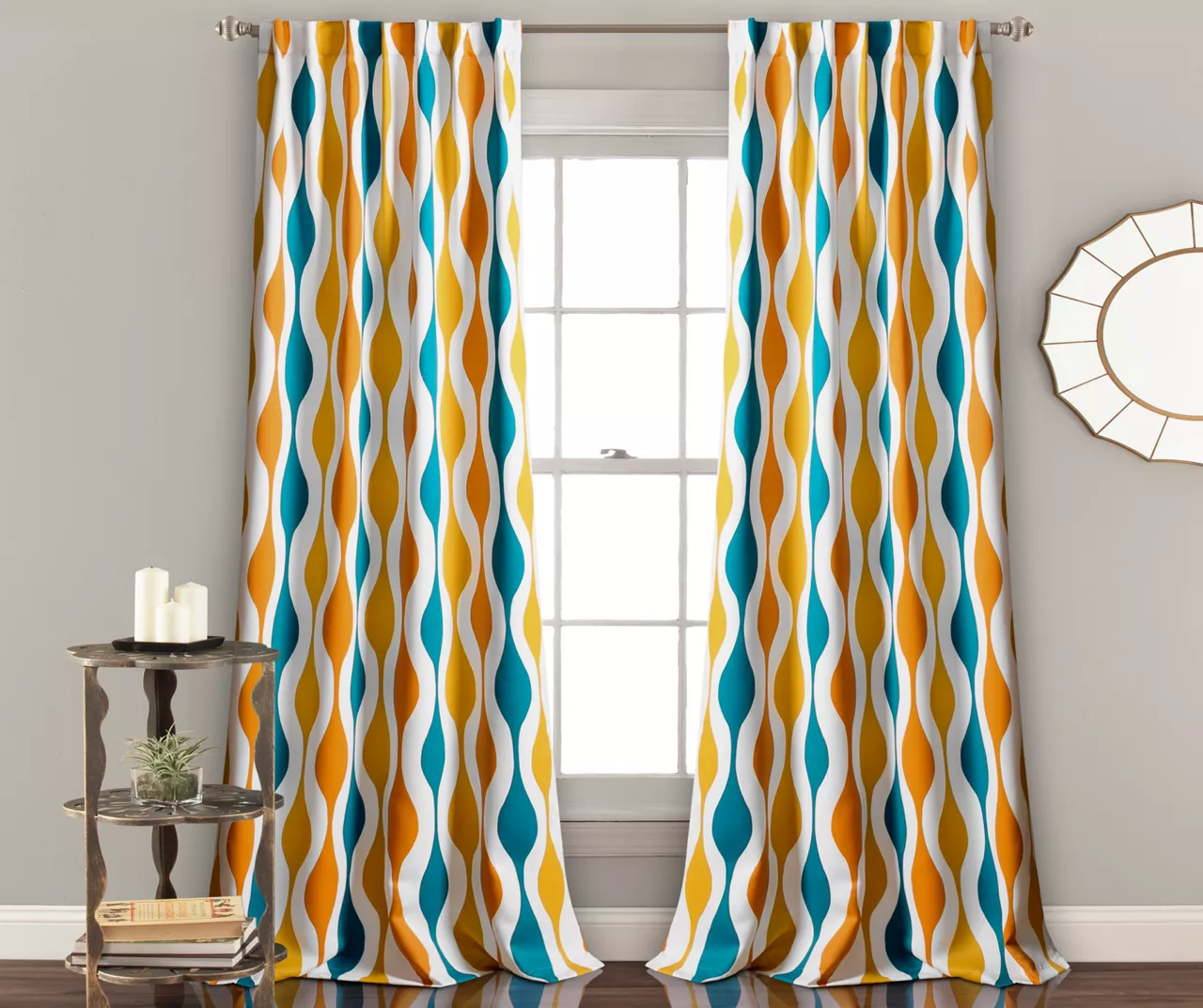 Mid-Century Geo Turquoise & Orange Room-Darkening Back Tab Curtain Panel Pair, (84") 3 Mid-Century Geo Turquoise & Orange Room-Darkening Back Tab Curtain Panel Pair, (84")