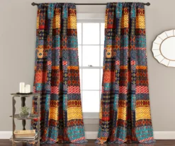 Misha Blue & Yellow Patchwork Room-Darkening Rod Pocket Curtain Panel Pair, (84")