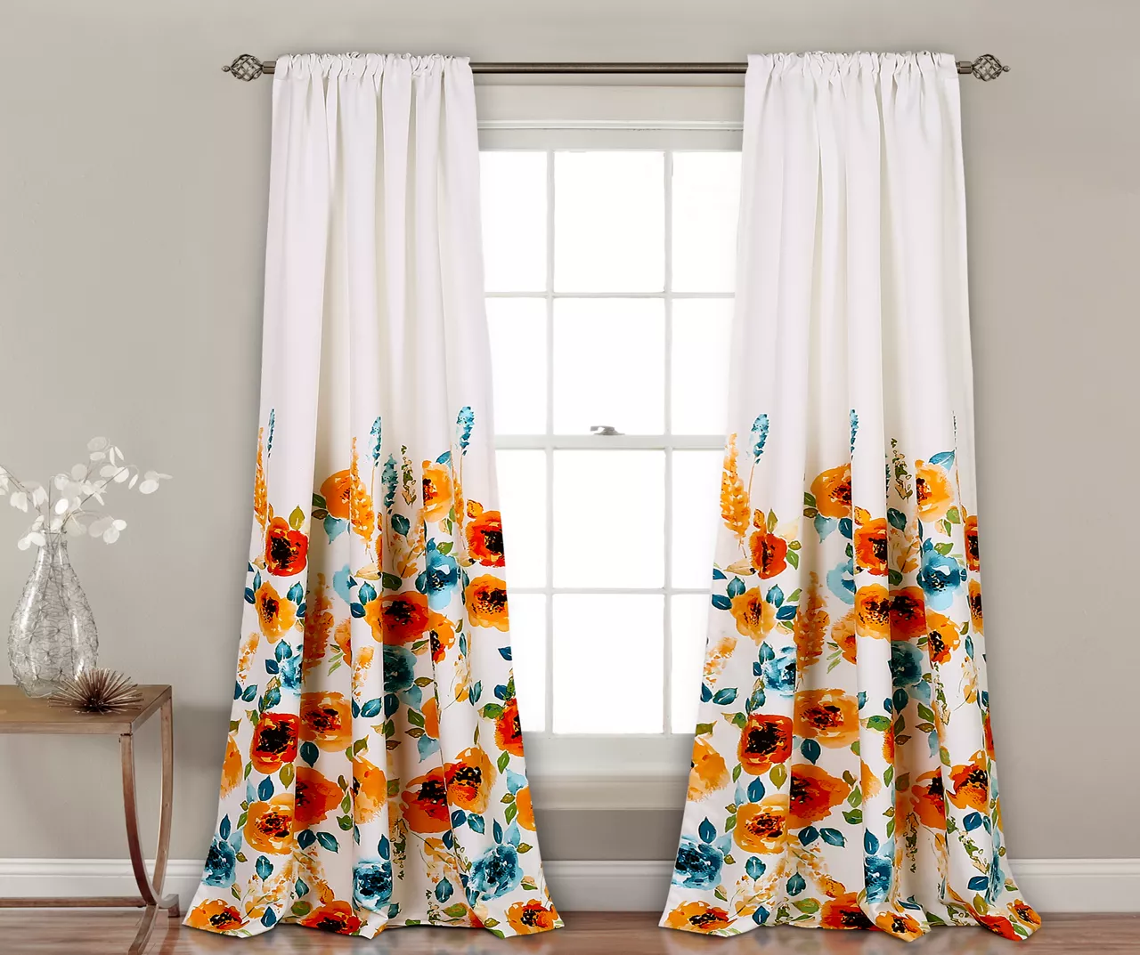 Percy Bloom Tangerine & Blue Room-Darkening Rod Pocket Curtain Panel Pair, (84") 3 Percy Bloom Tangerine & Blue Room-Darkening Rod Pocket Curtain Panel Pair, (84")
