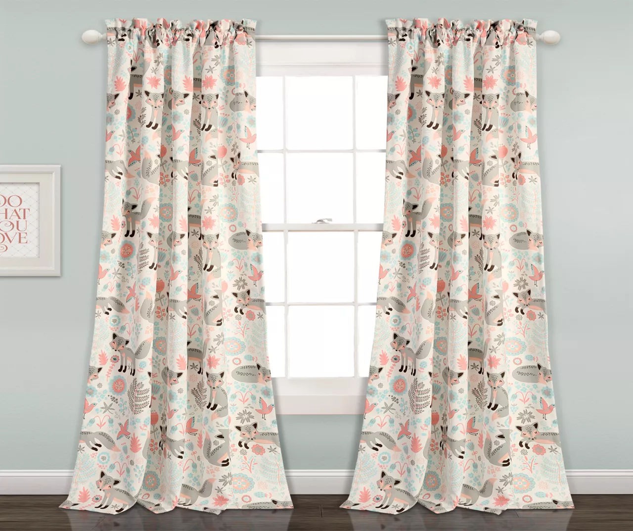 Pixie Fox Gray & Pink Room-Darkening Rod Pocket Curtain Panel Pair, (84") 3 Pixie Fox Gray & Pink Room-Darkening Rod Pocket Curtain Panel Pair, (84")