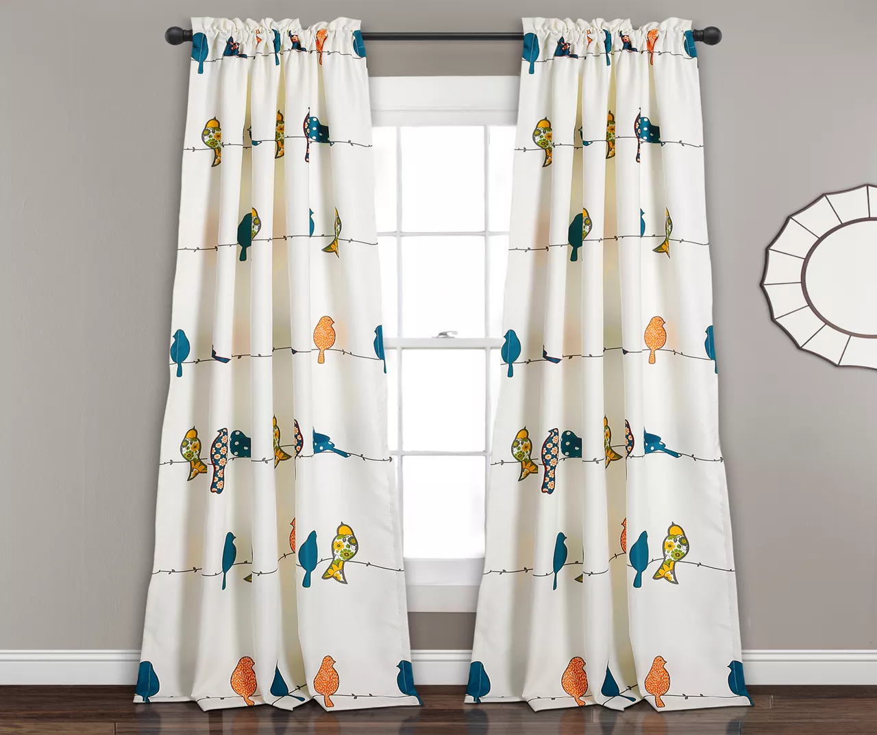 Rowley Birds Blue & Orange Room-Darkening Rod Pocket Curtain Panel Pair, (84") 3 Rowley Birds Blue & Orange Room-Darkening Rod Pocket Curtain Panel Pair, (84")
