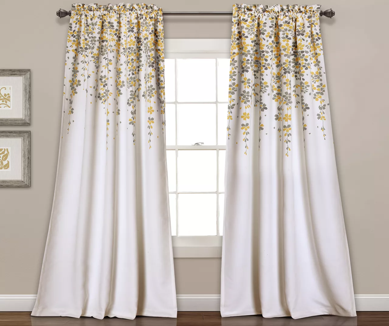 Weeping Flowers Yellow & Gray Room-Darkening Rod Pocket Curtain Panel Pair, (95") 3 Weeping Flowers Yellow & Gray Room-Darkening Rod Pocket Curtain Panel Pair, (95")