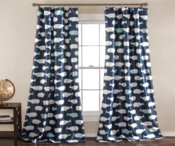 Whale Navy Room-Darkening Rod Pocket Curtain Panel Pair, (84")