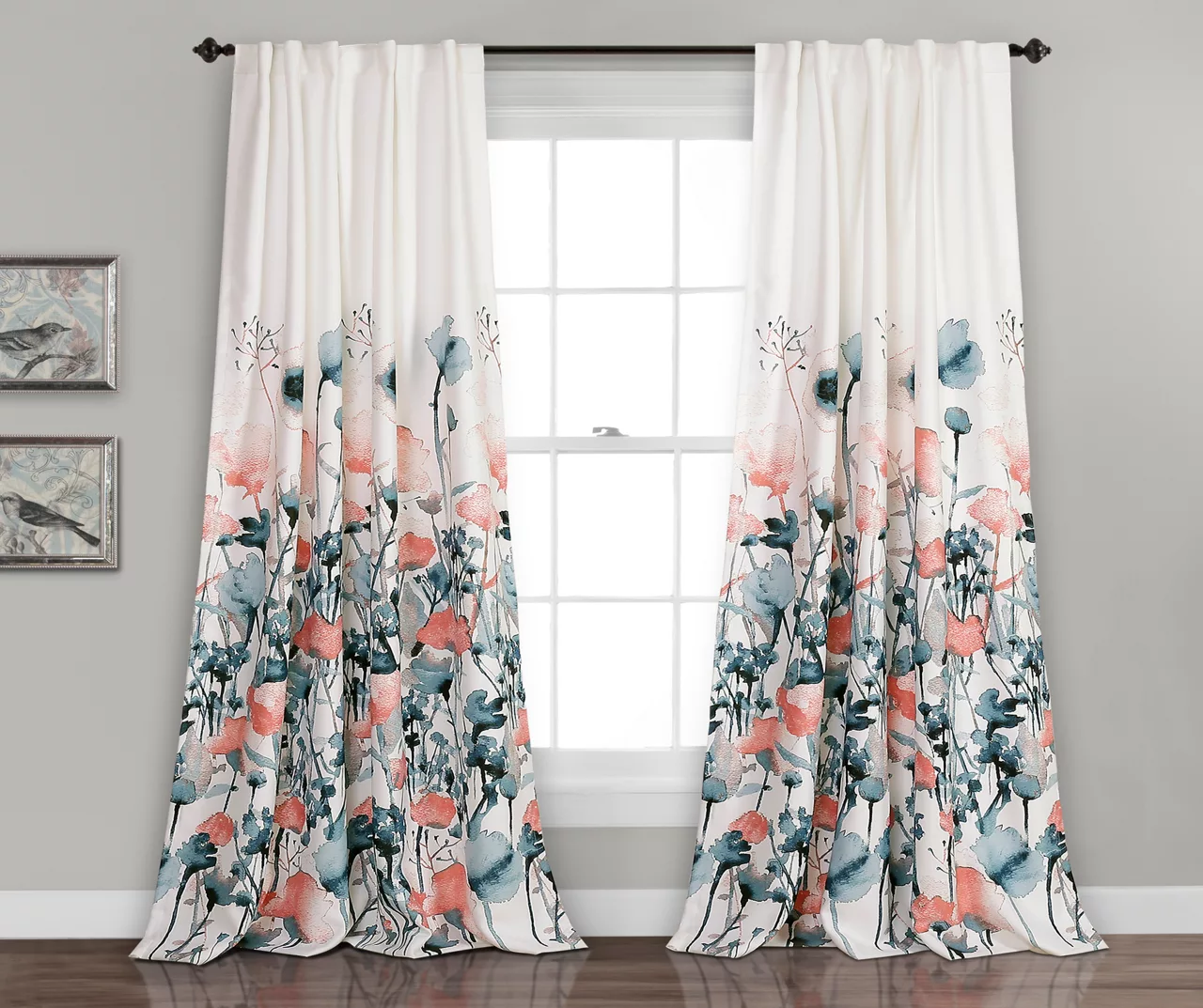 Zuri Flora Blue & Coral Room-Darkening Back Tab Curtain Panel Pair, (84") 3 Zuri Flora Blue & Coral Room-Darkening Back Tab Curtain Panel Pair, (84")