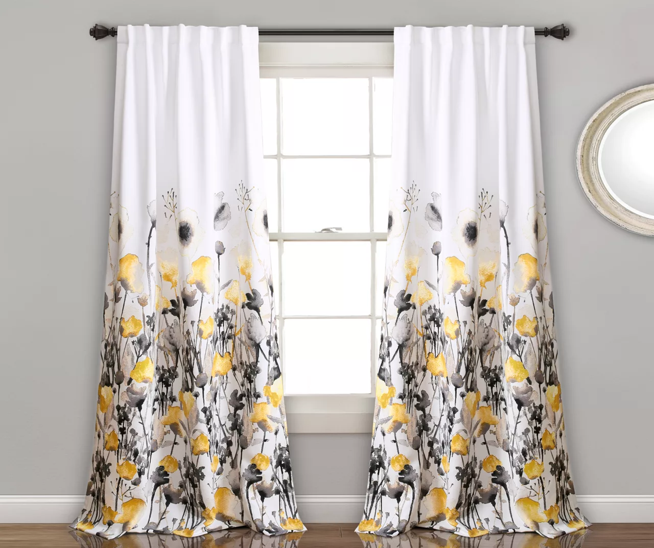 Zuri Flora Yellow & Gray Room-Darkening Back Tab Curtain Panel Pair, (95") 3 Zuri Flora Yellow & Gray Room-Darkening Back Tab Curtain Panel Pair, (95")