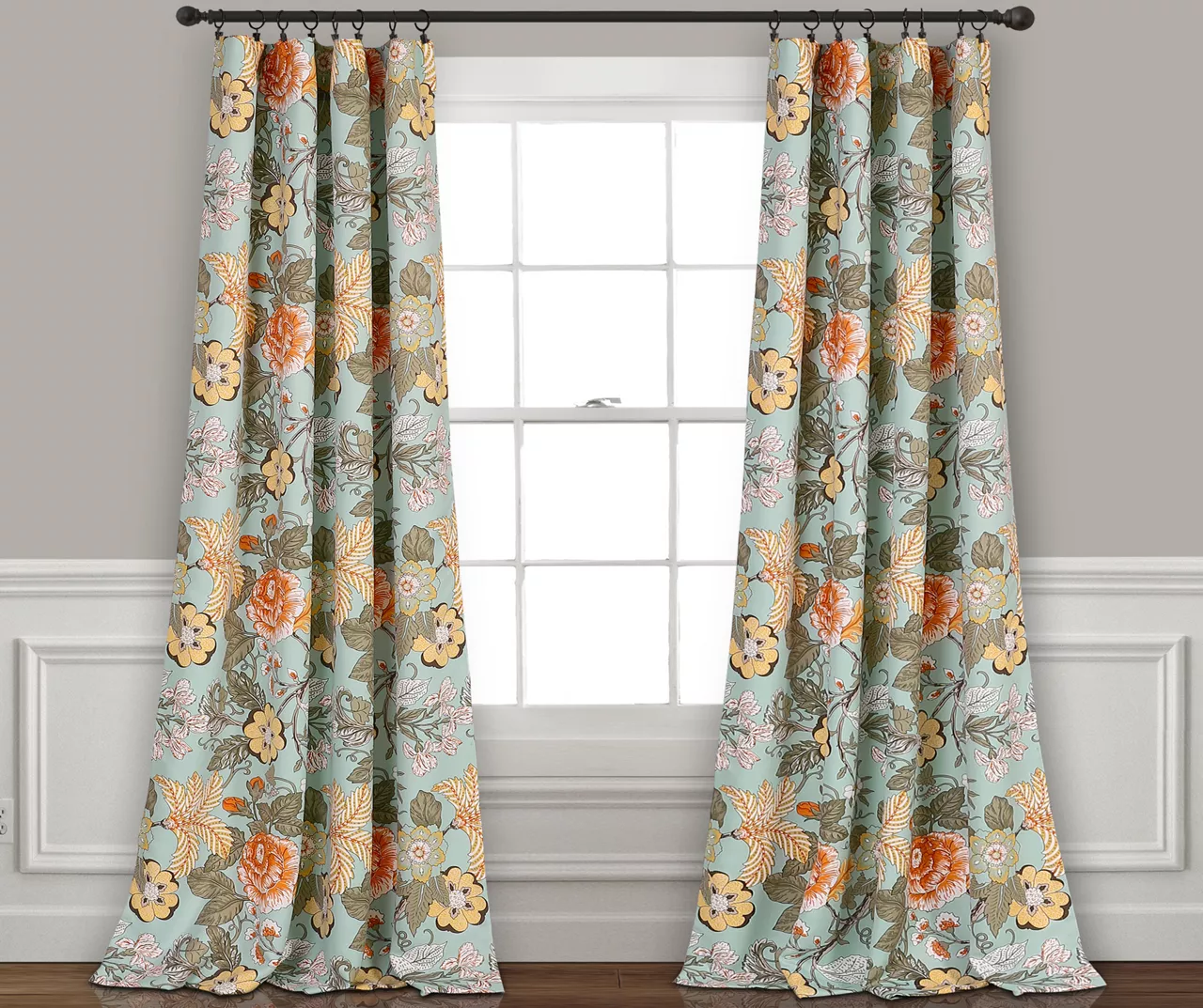 Sydney Blue & Green Floral Room-Darkening Rod Pocket Curtain Panel Pair, (84") 3 Sydney Blue & Green Floral Room-Darkening Rod Pocket Curtain Panel Pair, (84")