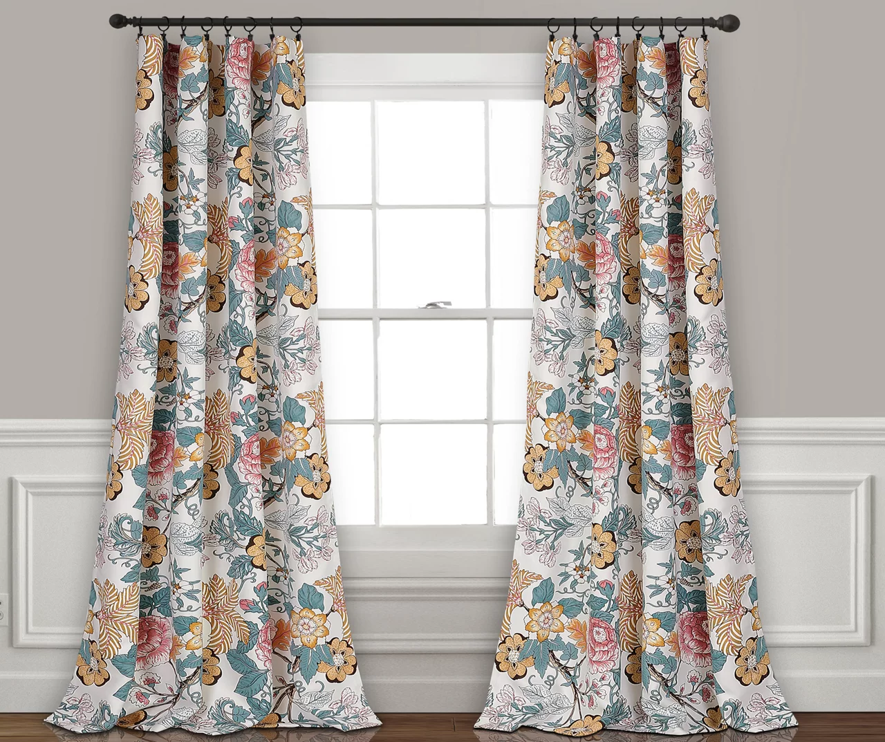Sydney Blue & Yellow Floral Room-Darkening Rod Pocket Curtain Panel Pair, (95") 3 Sydney Blue & Yellow Floral Room-Darkening Rod Pocket Curtain Panel Pair, (95")