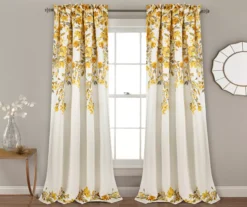 Tanisha Yellow & Gray Floral Room-Darkening Rod Pocket Curtain Panel Pair, (84")