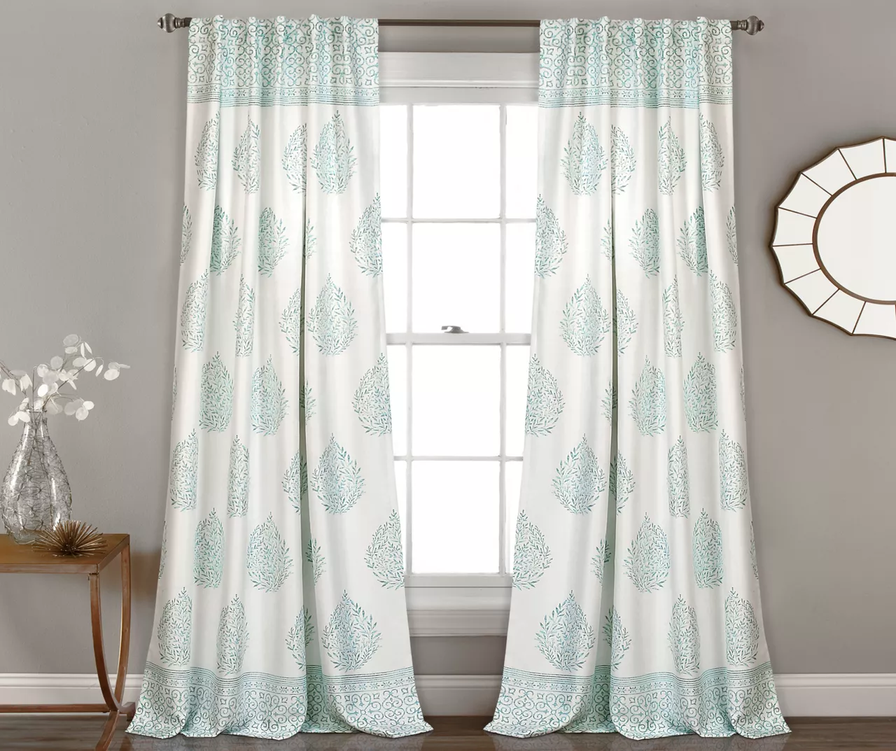 Teardrop Leaf Blue Room-Darkening Back Tab Curtain Panel Pair, (84") 3 Teardrop Leaf Blue Room-Darkening Back Tab Curtain Panel Pair, (84")