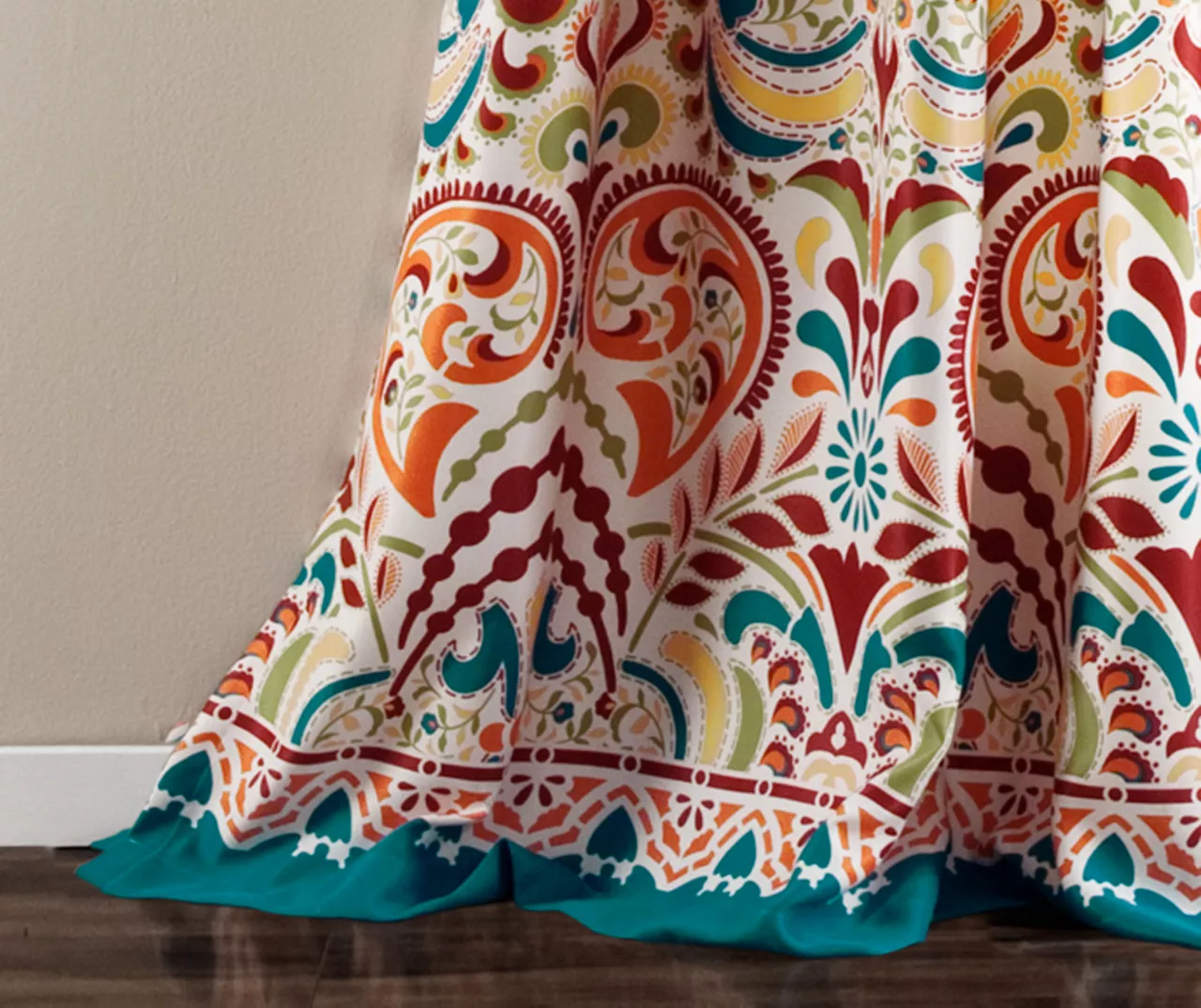 Clara Turquoise & Tangerine Paisley Room-Darkening Rod Pocket Curtain Panel Pair, (84") 7 Clara Turquoise & Tangerine Paisley Room-Darkening Rod Pocket Curtain Panel Pair, (84") - Image 5