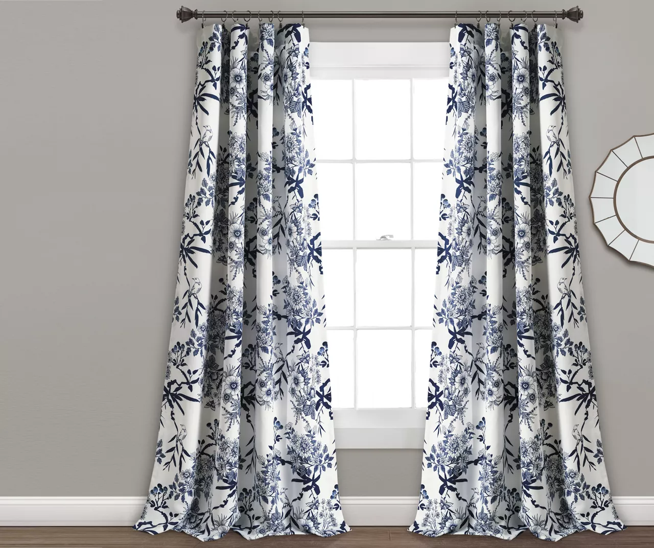 Botanical Garden Navy & White Room-Darkening Rod Pocket Curtain Panel Pair, (84") 3 Botanical Garden Navy & White Room-Darkening Rod Pocket Curtain Panel Pair, (84")