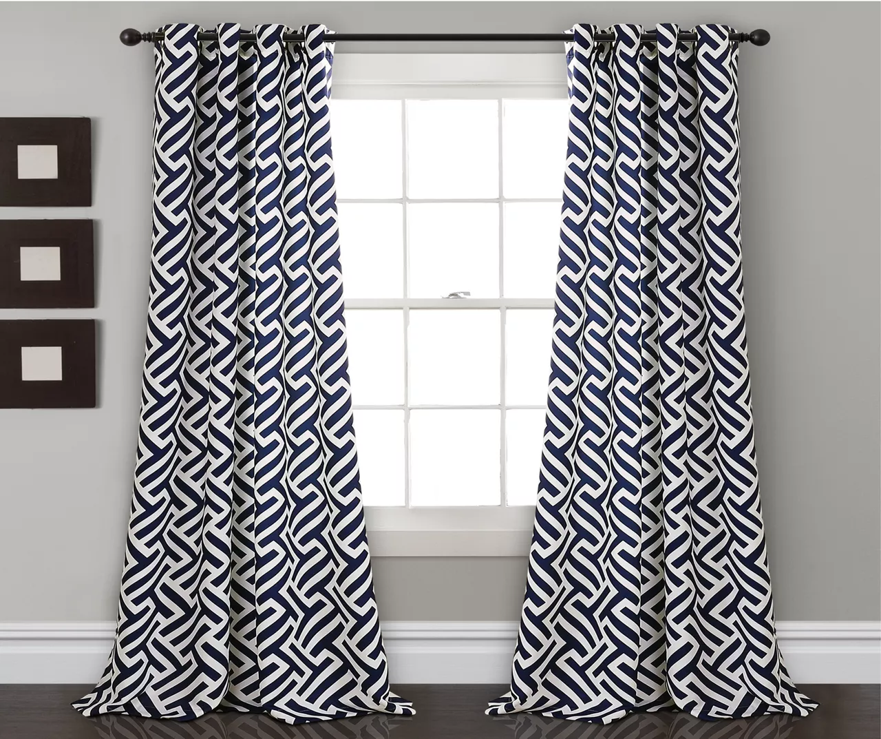 Giovana Navy Geometric Room-Darkening Grommet Curtain Panel Pair, (84") 3 Giovana Navy Geometric Room-Darkening Grommet Curtain Panel Pair, (84")