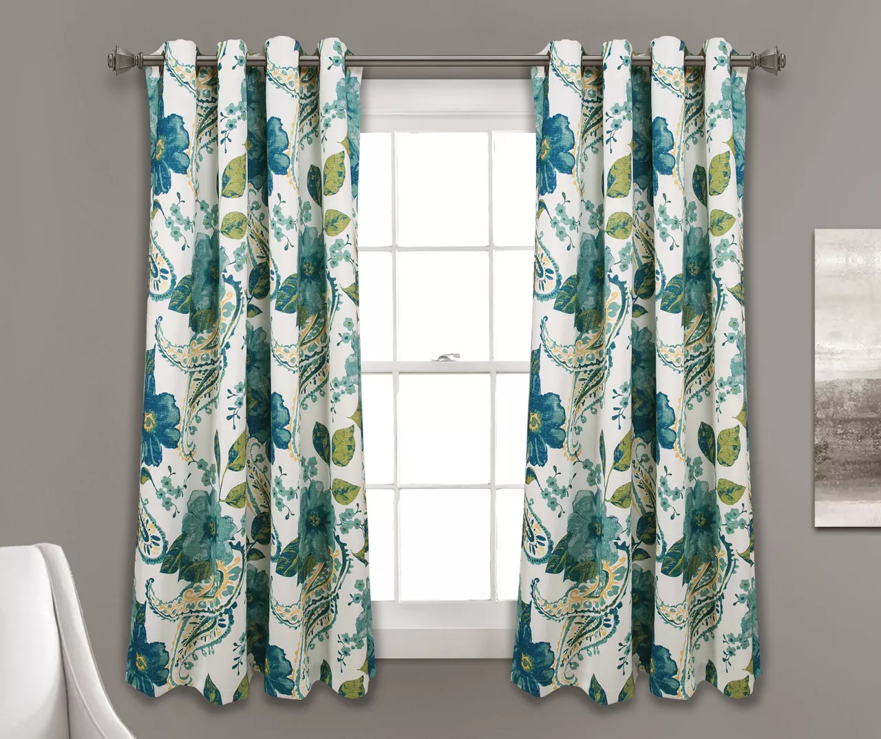 Floral Paisley Blue & Green Room-Darkening Grommet Curtain Panel Pair, (63") 3 Floral Paisley Blue & Green Room-Darkening Grommet Curtain Panel Pair, (63")
