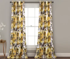 Floral Watercolor Yellow & Gray Room-Darkening Grommet Curtain Panel Pair, (84")