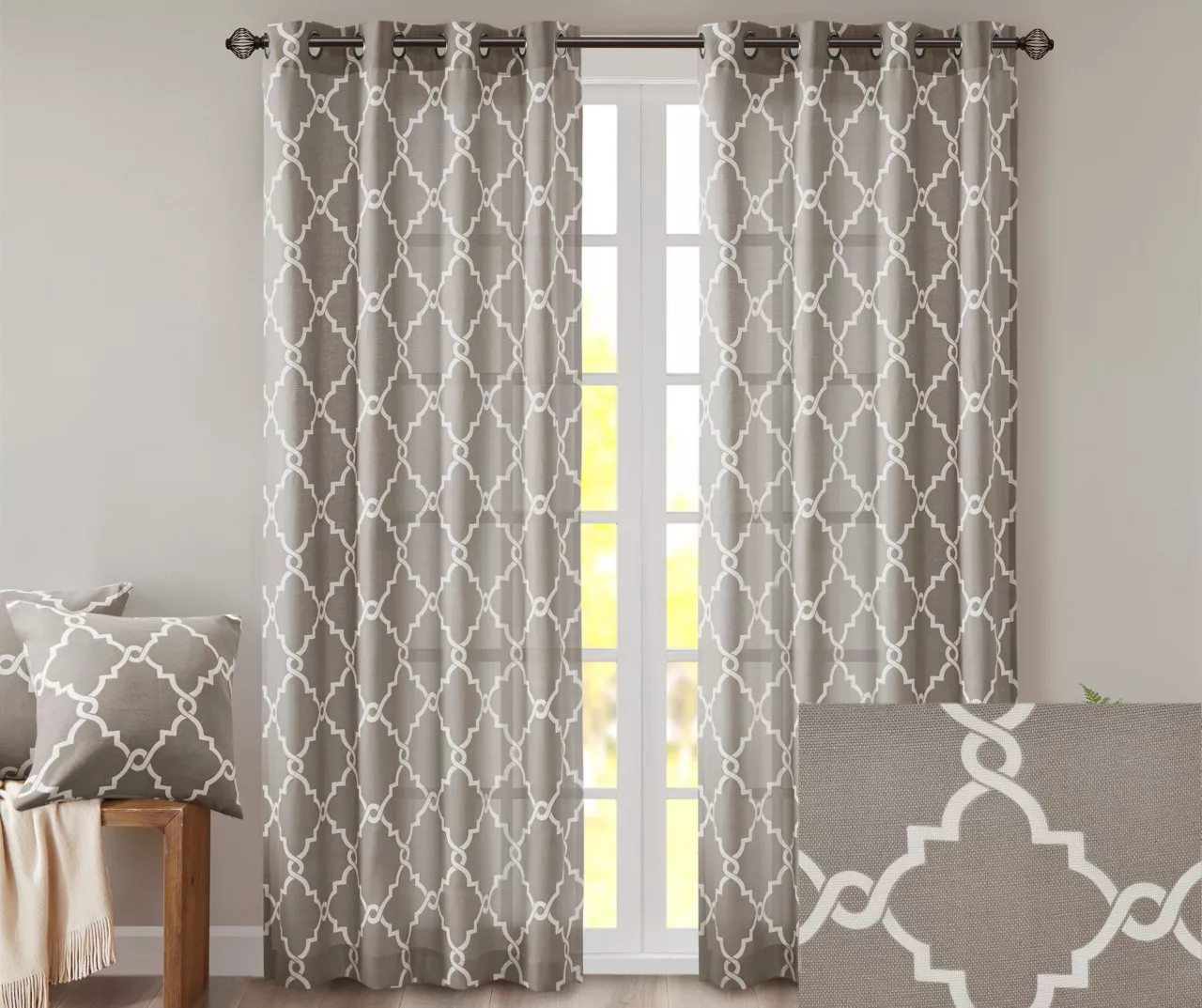 Sereno Fretwork Gray Light-Filtering Grommet Curtain Panel, (95") 5 Sereno Fretwork Gray Light-Filtering Grommet Curtain Panel, (95") - Image 3