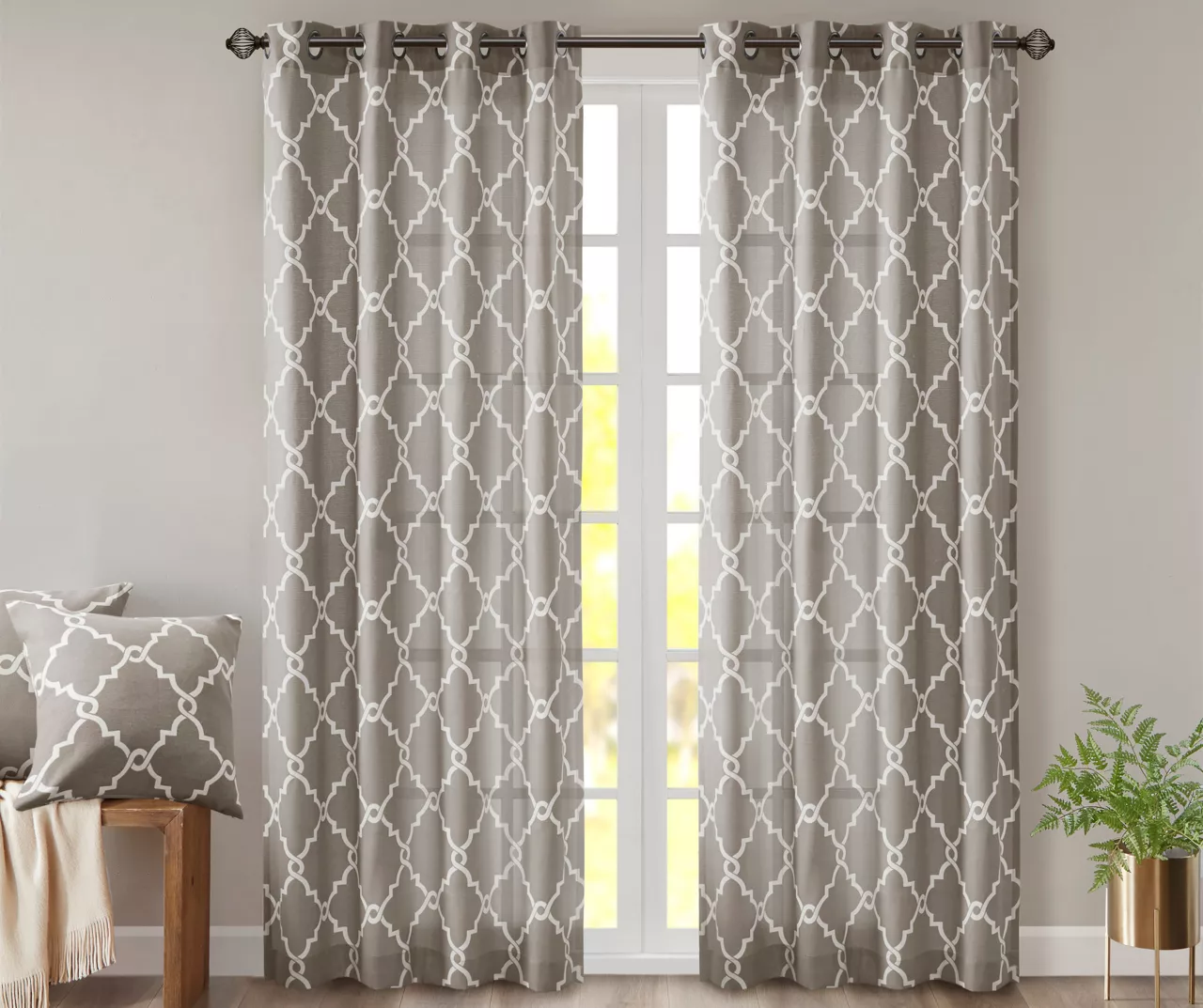 Sereno Fretwork Gray Light-Filtering Grommet Curtain Panel, (95") 3 Sereno Fretwork Gray Light-Filtering Grommet Curtain Panel, (95")