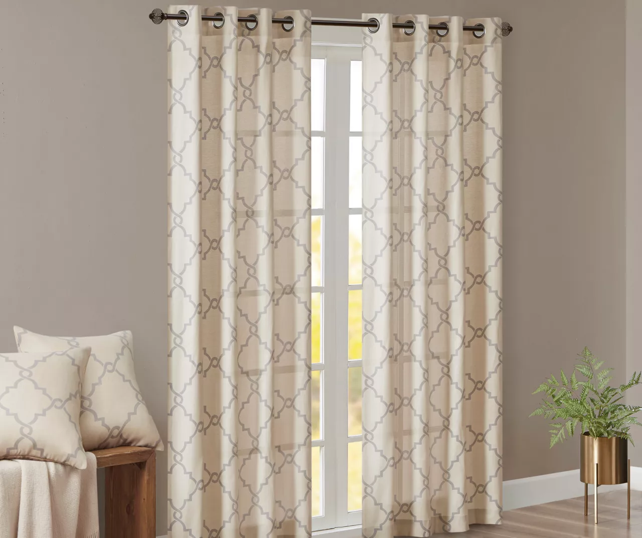 Sereno Fretwork Beige Light-Filtering Grommet Curtain Panel, (95") 4 Sereno Fretwork Beige Light-Filtering Grommet Curtain Panel, (95") - Image 2
