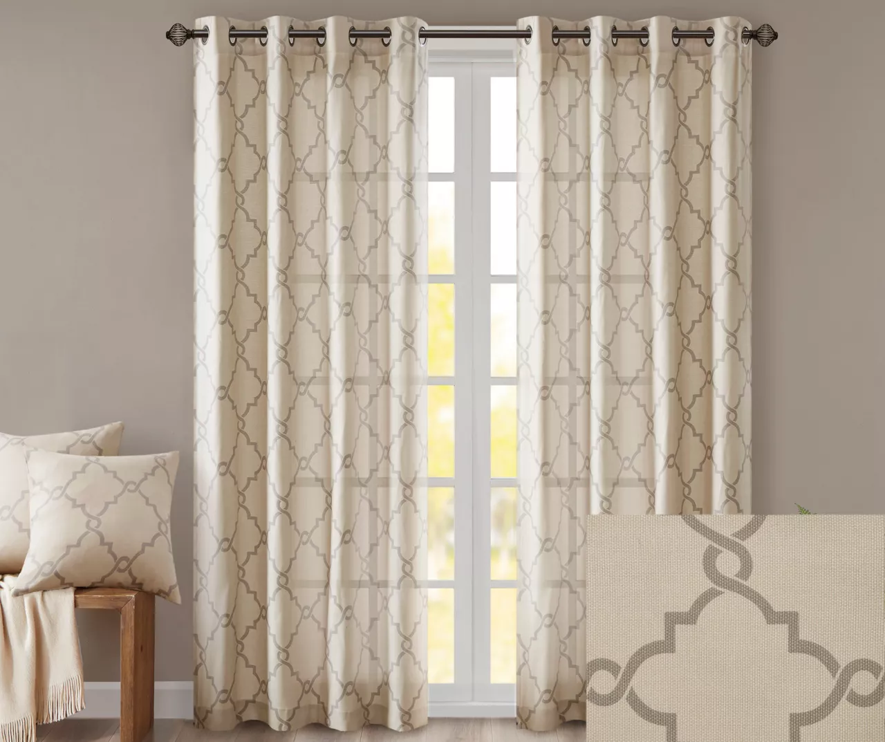 Sereno Fretwork Beige Light-Filtering Grommet Curtain Panel, (95") 5 Sereno Fretwork Beige Light-Filtering Grommet Curtain Panel, (95") - Image 3