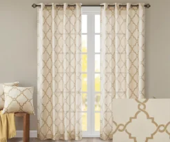 Sereno Fretwork Beige & Gold Light-Filtering Grommet Curtain Panel, (84") -DHP Sales Store 810518028 810518029 810518030 2 3