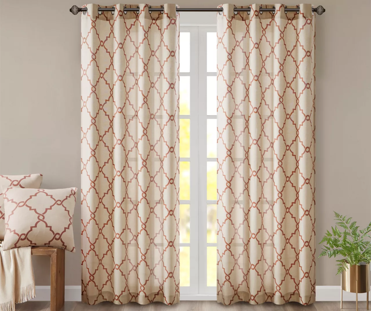 Sereno Fretwork Beige & Spice Light-Filtering Grommet Curtain Panel, (63") 3 Sereno Fretwork Beige & Spice Light-Filtering Grommet Curtain Panel, (63")