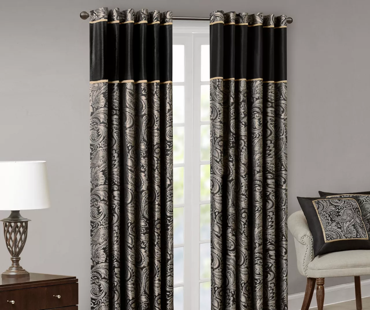 Valerie Black Light-Filtering Rod Pocket Curtain Panel Pair, (95") 4 Valerie Black Light-Filtering Rod Pocket Curtain Panel Pair, (95") - Image 2