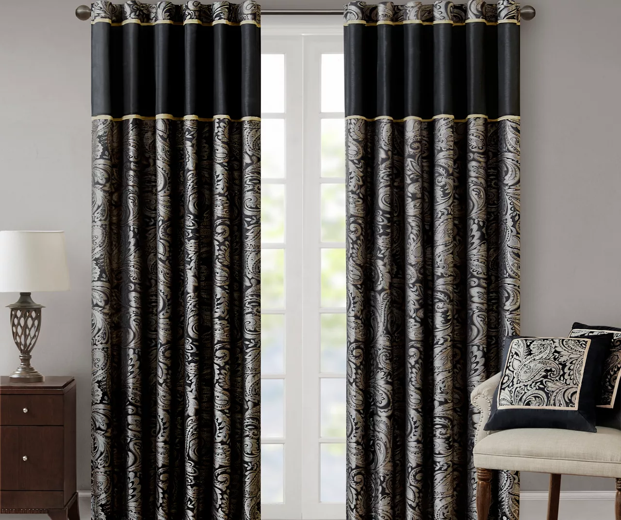 Valerie Black Light-Filtering Rod Pocket Curtain Panel Pair, (95") 3 Valerie Black Light-Filtering Rod Pocket Curtain Panel Pair, (95")