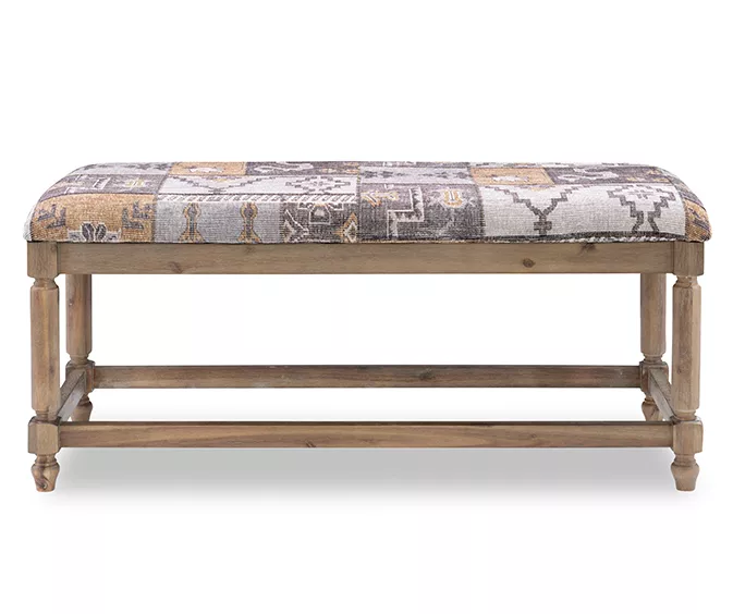 Gray Moroccan Tapestry Upholstered Rustic Driftwood Bench 5 Gray Moroccan Tapestry Upholstered Rustic Driftwood Bench - Image 3