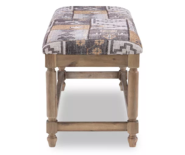 Gray Moroccan Tapestry Upholstered Rustic Driftwood Bench 6 Gray Moroccan Tapestry Upholstered Rustic Driftwood Bench - Image 4