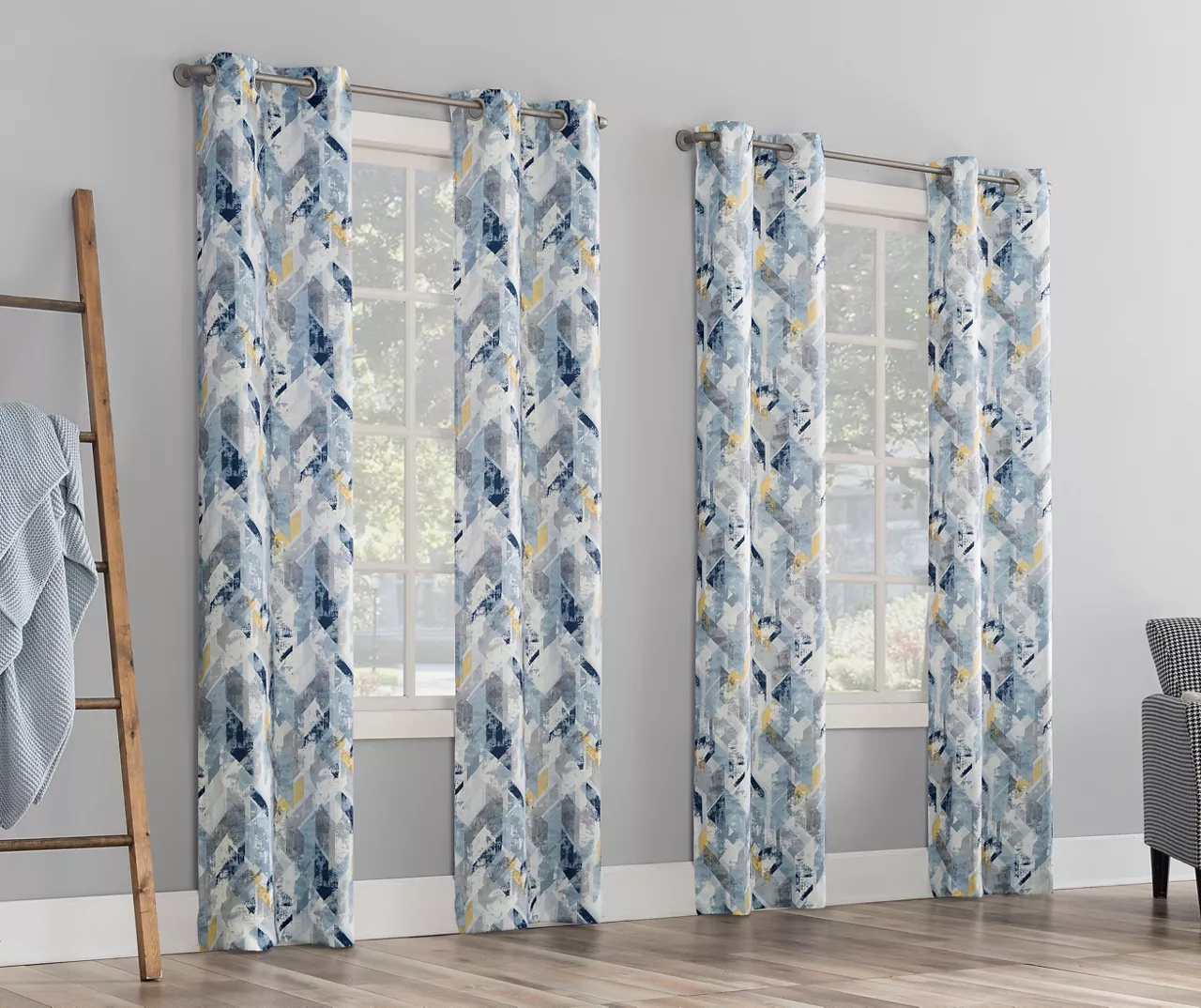 Kennett Navy Distressed Geometric Room-Darkening Grommet 4-Piece Curtain Panel Set, (84") 3 Kennett Navy Distressed Geometric Room-Darkening Grommet 4-Piece Curtain Panel Set, (84")