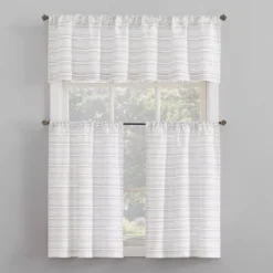 Jemma White & Black Dash Stripe Light-Filtering Rod Pocket Tier & Valance Curtain Set, (36" X 58")