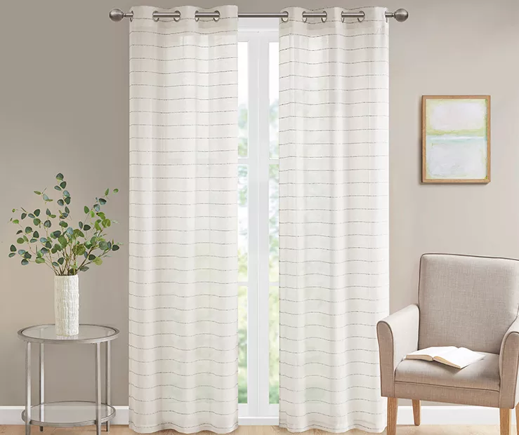 Jamie White & Indigo Stripe Semisheer Grommet Curtain Panel Pair, (84") 3 Jamie White & Indigo Stripe Semisheer Grommet Curtain Panel Pair, (84")