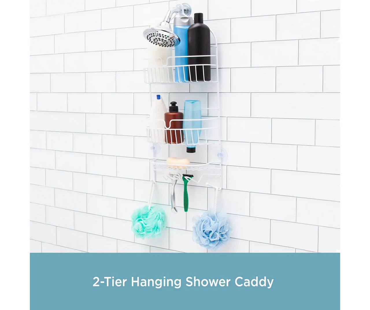 White 2-Tier Hanging Shower Caddy 4 White 2-Tier Hanging Shower Caddy - Image 2