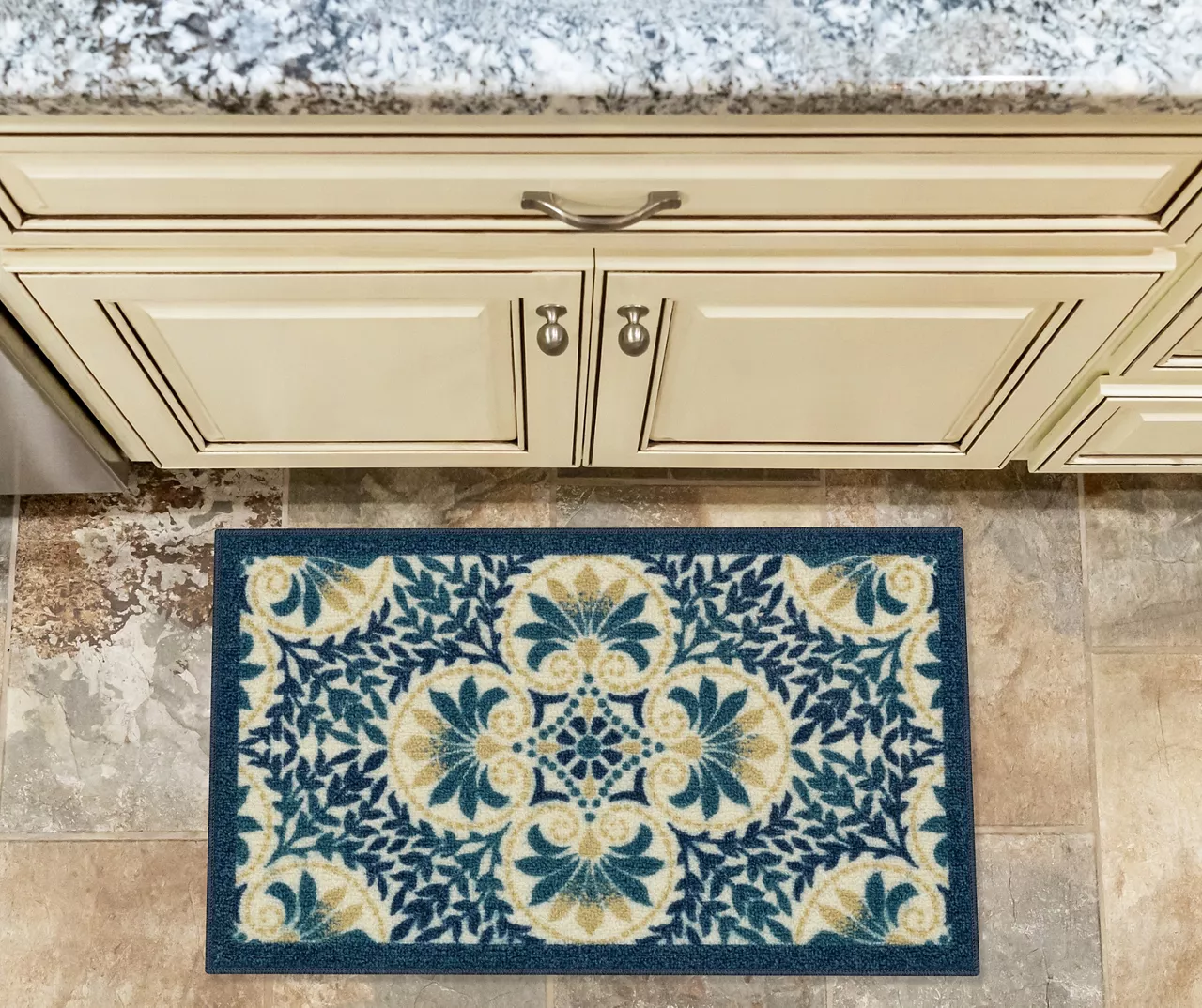 Blue & Cream Peacock Floral Kitchen Rug, (30" X 18") 4 Blue & Cream Peacock Floral Kitchen Rug, (30" X 18") - Image 2