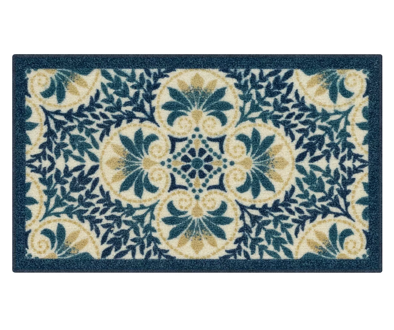 Blue & Cream Peacock Floral Kitchen Rug, (30" X 18") 3 Blue & Cream Peacock Floral Kitchen Rug, (30" X 18")