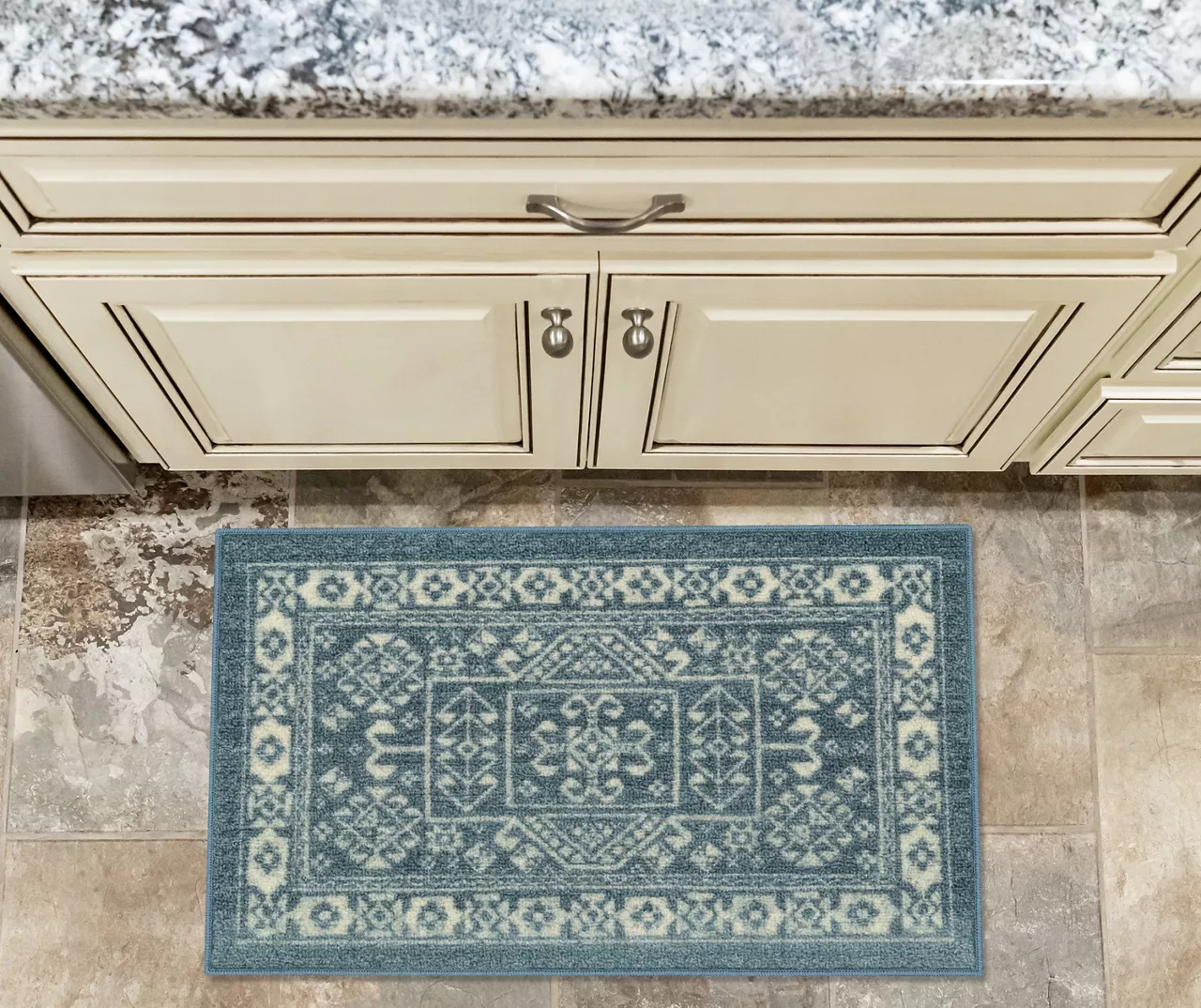 Jay Blue & Cream Geometric Kitchen Rug, (30" X 18") 4 Jay Blue & Cream Geometric Kitchen Rug, (30" X 18") - Image 2