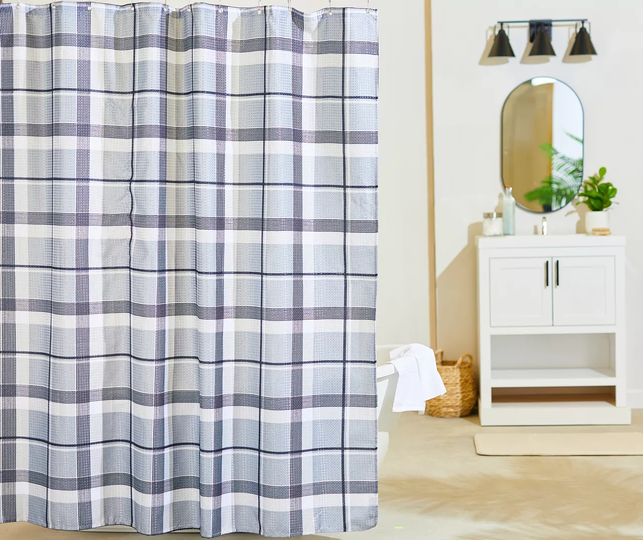 Sutton Gray Plaid Polyester Shower Curtain Set 3 Sutton Gray Plaid Polyester Shower Curtain Set