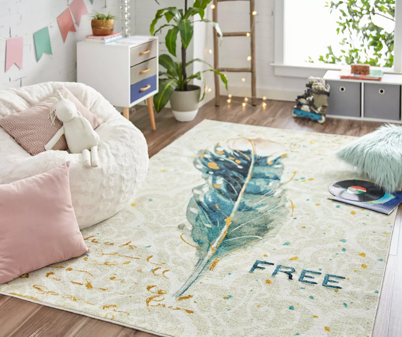 "Free" Feather Cream & Teal Area Rug, (5' X 8') 7 "Free" Feather Cream & Teal Area Rug, (5' X 8') - Image 5