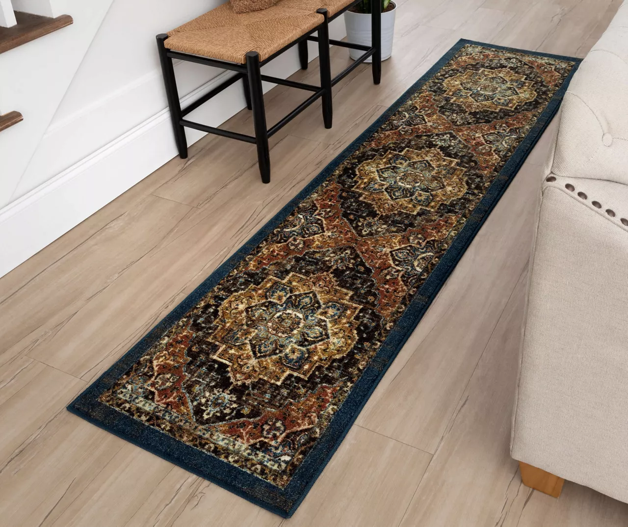 Eason Brown & Navy Ornamental Area Rug, (2' X 8') 8 Eason Brown & Navy Ornamental Area Rug, (2' X 8') - Image 6