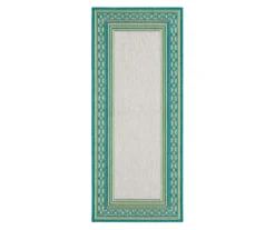 Panama Teal & White Geo-Bordered Outdoor Area Rug, (2.5' X 6')
