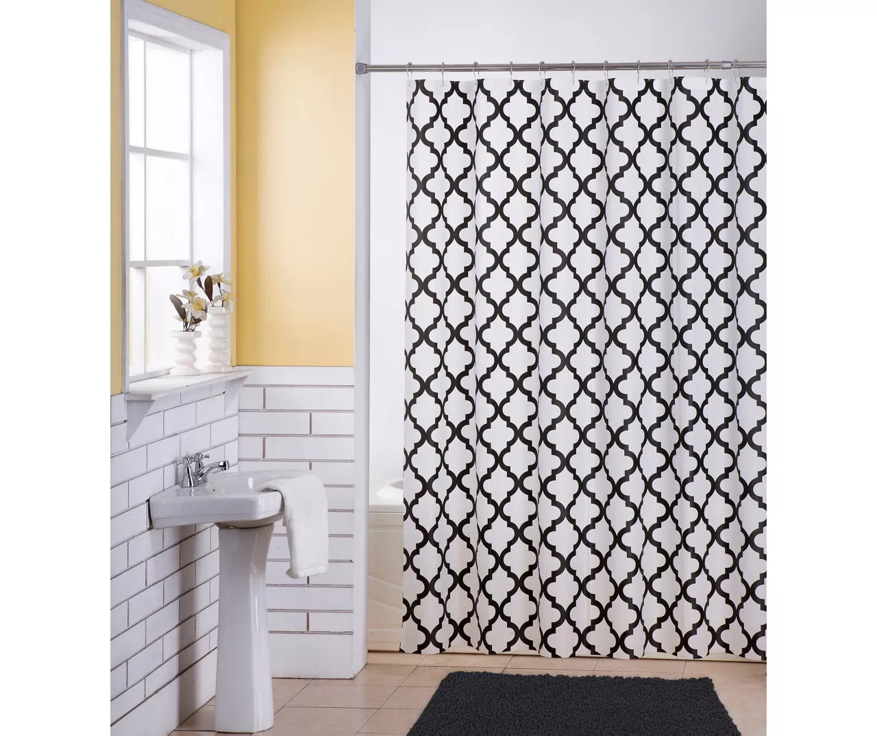 Black & White Quatrefoil Lattice 14-Piece Shower Curtain & Rug Set 3 Black & White Quatrefoil Lattice 14-Piece Shower Curtain & Rug Set
