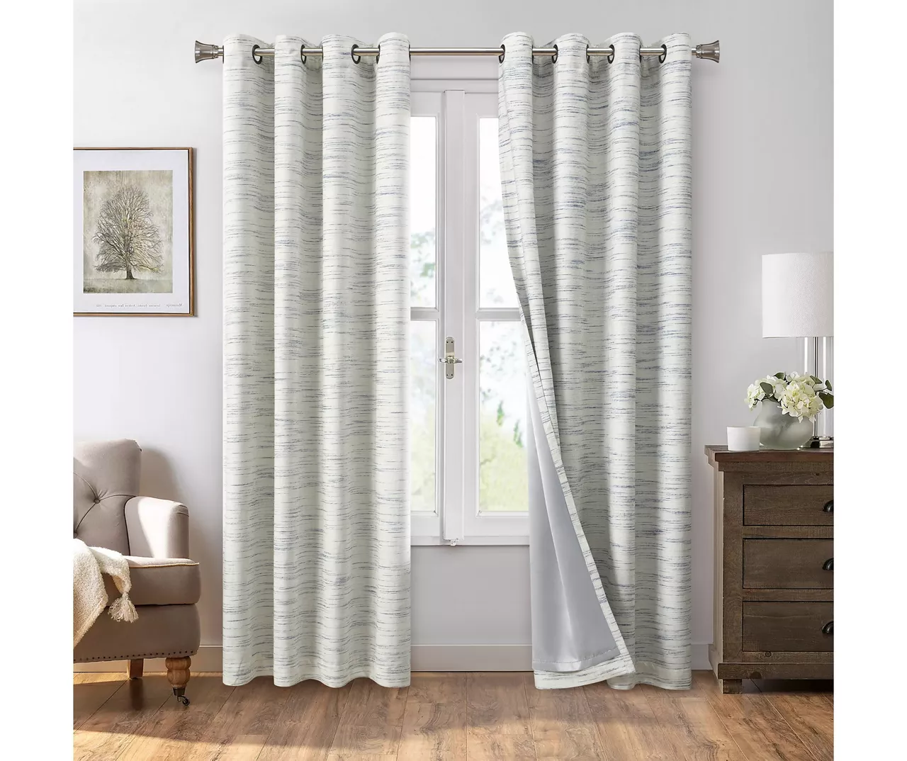 Indigo Stripe Chenille Grommet Curtain Panel Pair With Blackout Lining, (84") 3 Indigo Stripe Chenille Grommet Curtain Panel Pair With Blackout Lining, (84")